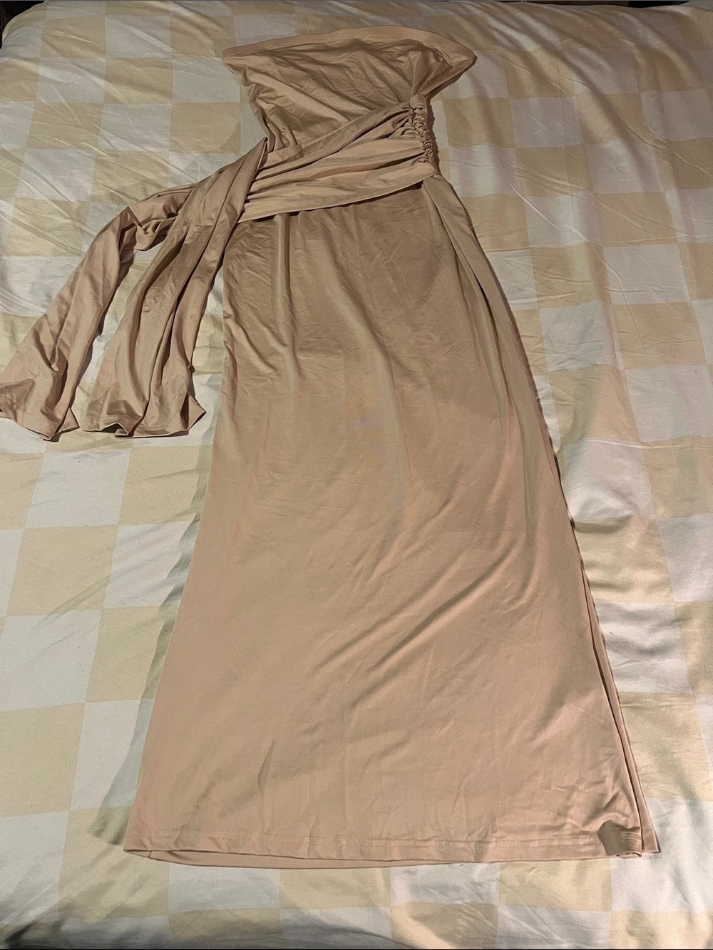 SHEIN One-Shoulder Beige Maxi Dress with Draped Sash
